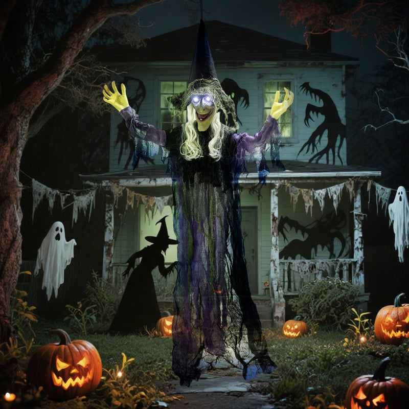 Outsunny Voice Activated Halloween Animatronics Hanging Witch, Purple