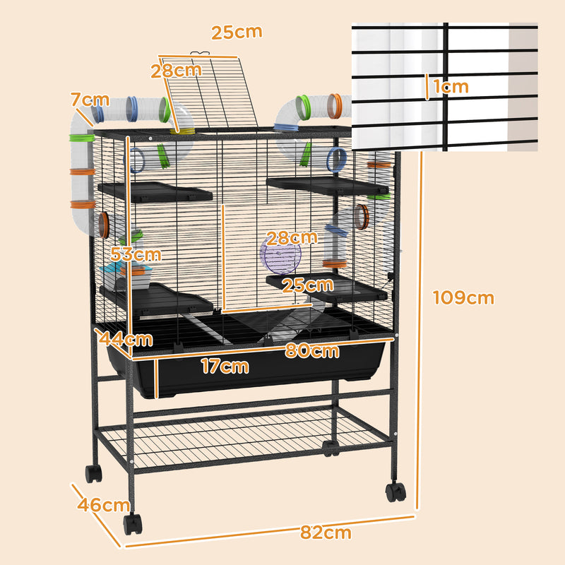 PawHut Large Hamster Cage, Rat Cage W/ Wheels, Tubes, Storage Shelf, Ramps