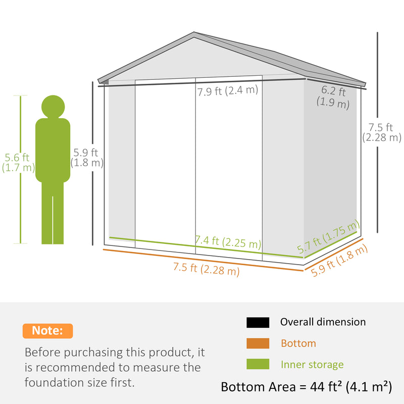 Outsunny 8 x 6ft Garden Shed Storage w/ Foundation Kit, Vents, Light Grey