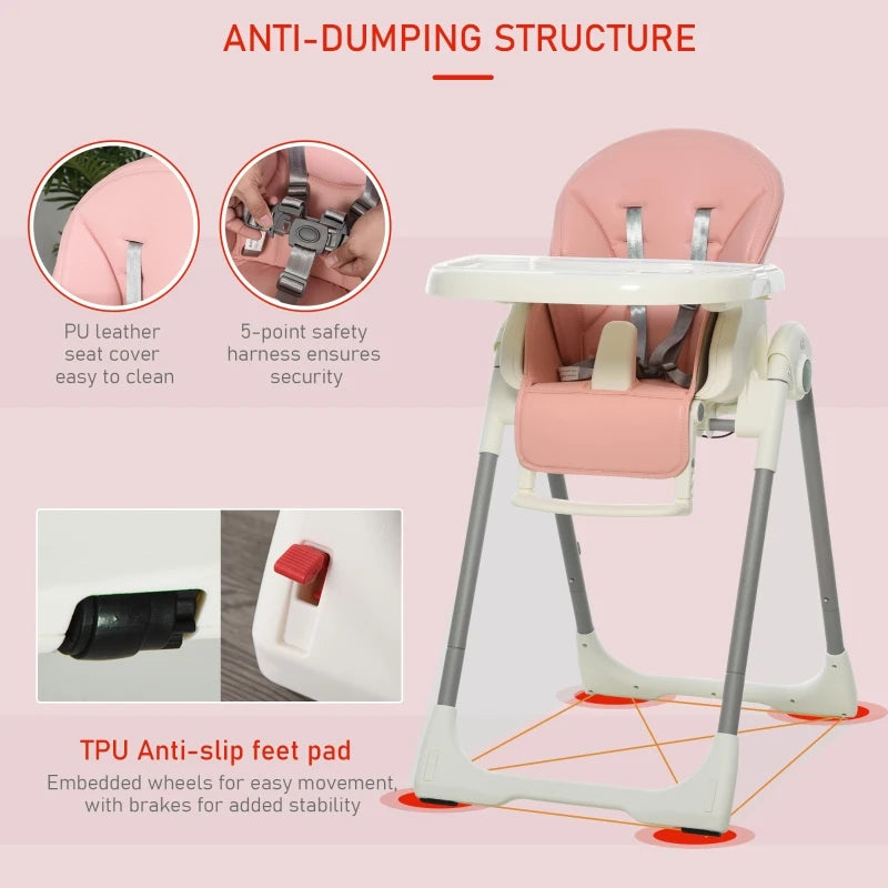 HOMCOM Babies Foldable PU Highchair Pink
