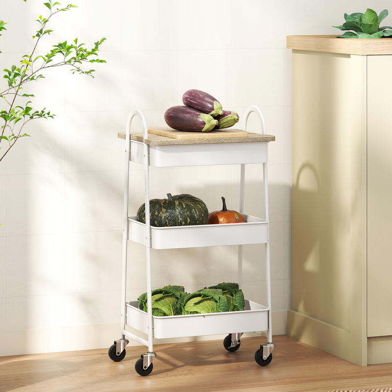 HOMCOM Rolling Utility Cart with Mesh Baskets for Kitchen White Oak