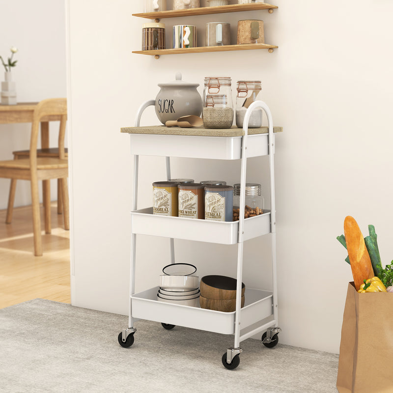 HOMCOM Rolling Utility Cart with Mesh Baskets for Kitchen White Oak