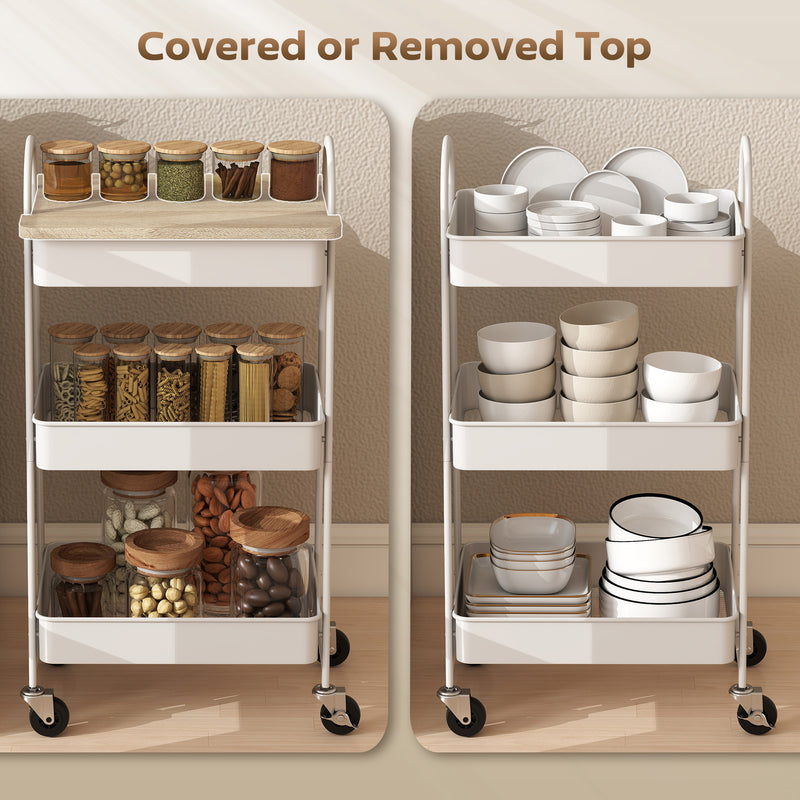 HOMCOM Rolling Utility Cart with Mesh Baskets for Kitchen White Oak