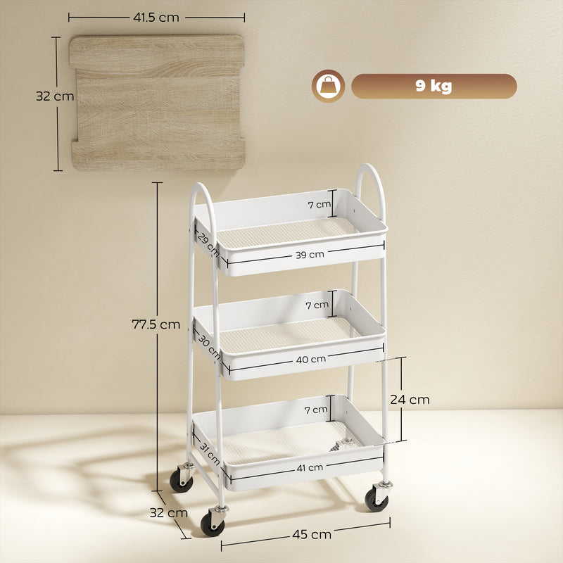 HOMCOM Rolling Utility Cart with Mesh Baskets for Kitchen White Oak
