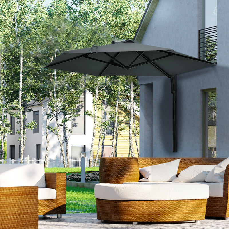 Outsunny Wall-Mounted Parasol Patio Umbrella With Hand To Push System - Khaki/Grey