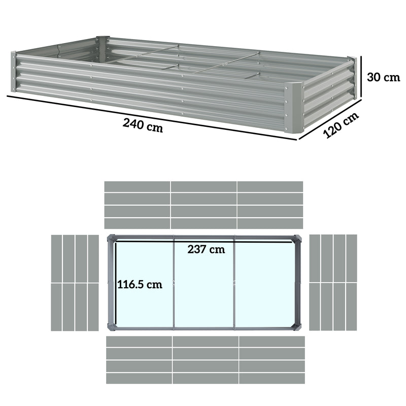 Outsunny Galvanised Raised Garden Bed, 240x120x30cm Raised Bed, Silver