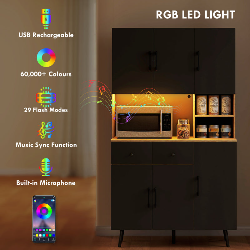 HOMCOM Tall Kitchen Cupboard with LED Lights and Adjustable Shelves, Oak and Black