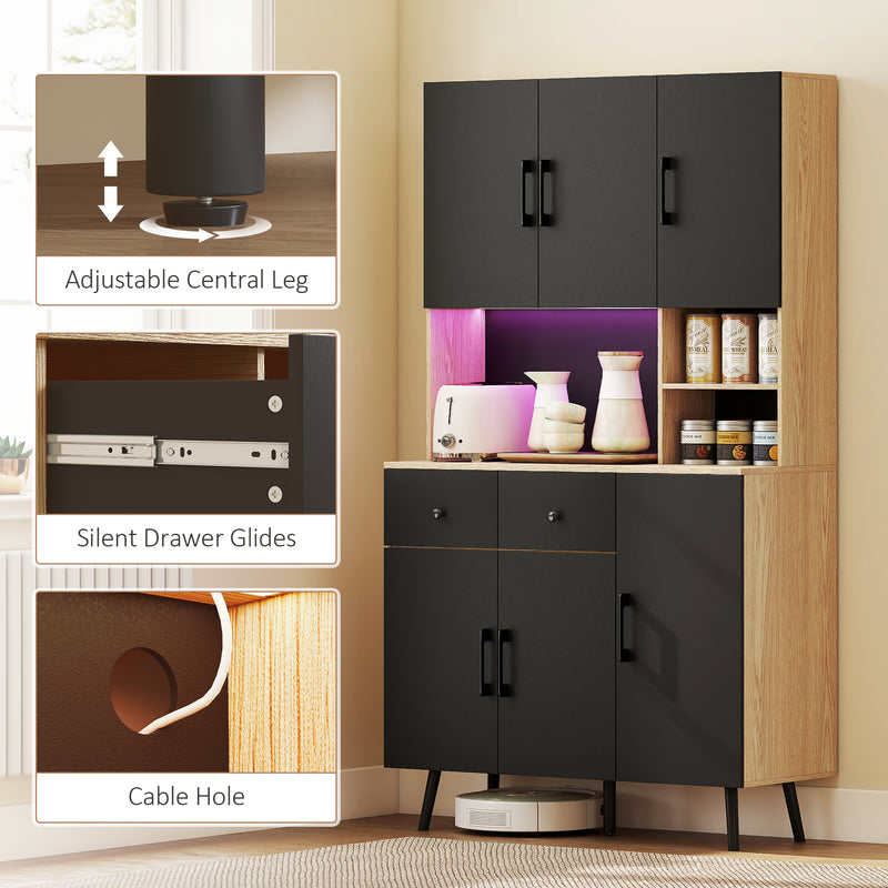 HOMCOM Tall Kitchen Cupboard with LED Lights and Adjustable Shelves, Oak and Black