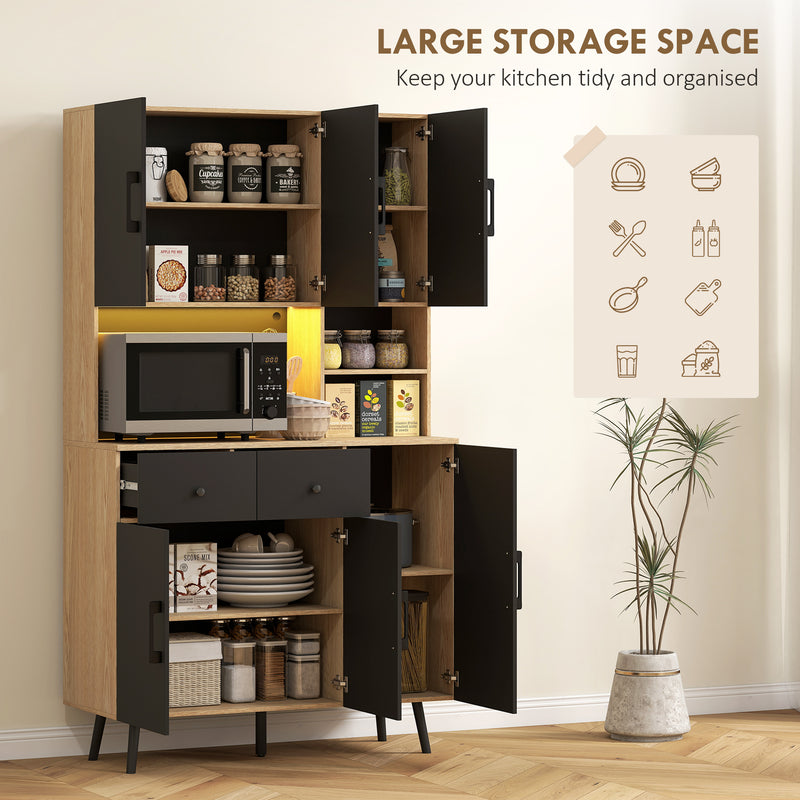 HOMCOM Tall Kitchen Cupboard with LED Lights and Adjustable Shelves, Oak and Black