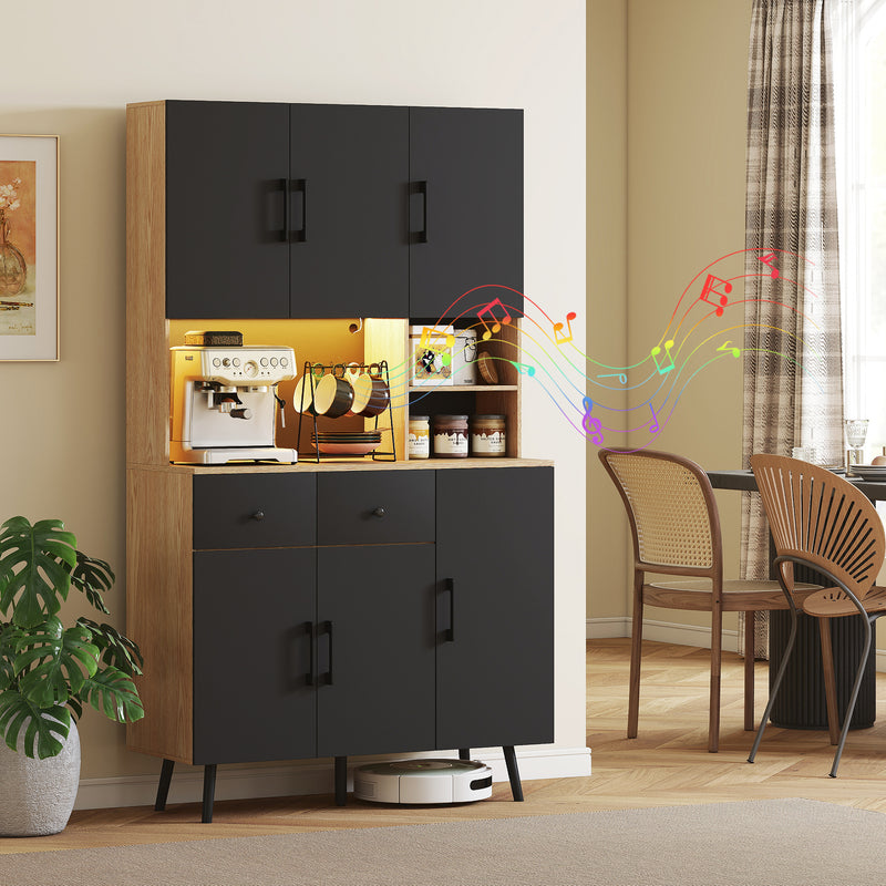 HOMCOM Tall Kitchen Cupboard with LED Lights and Adjustable Shelves, Oak and Black