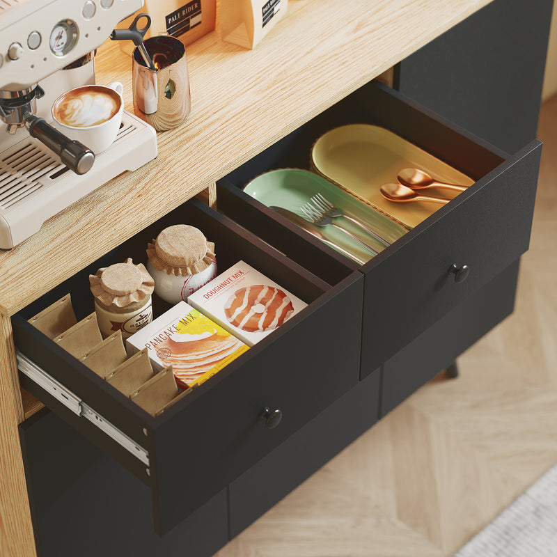 HOMCOM Tall Kitchen Cupboard with LED Lights and Adjustable Shelves, Oak and Black