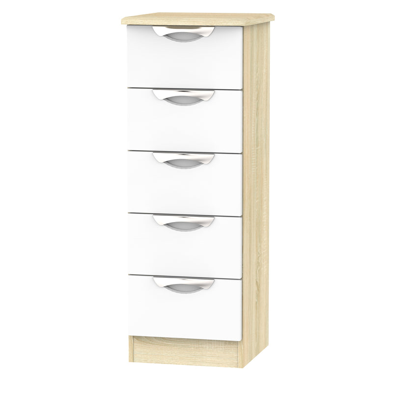 Cairo Ready Assembled Tallboy Chest of Drawers with 5 Drawers  - White Gloss & Bardolino Oak