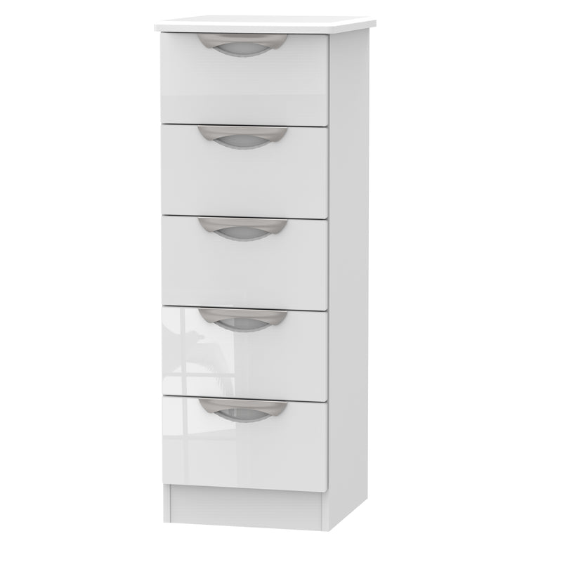 Cairo Ready Assembled Tallboy Chest of Drawers with 5 Drawers  - White Gloss & White