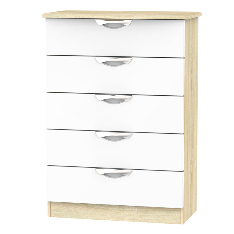 Cairo Ready Assembled Chest of Drawers with 5 Drawers  - White Gloss & Bardolino Oak