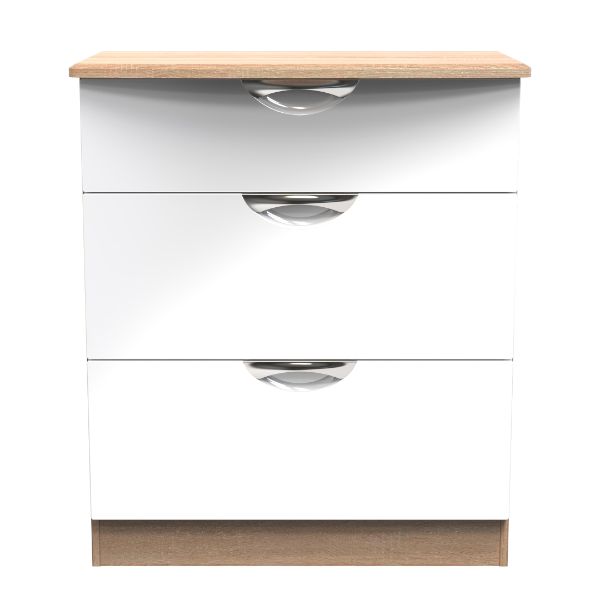 Cairo Ready Assembled Deep Chest of Drawers with 3 Drawers  - White Gloss & Bardolino Oak