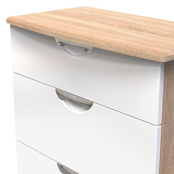 Cairo Ready Assembled Deep Chest of Drawers with 3 Drawers  - White Gloss & Bardolino Oak