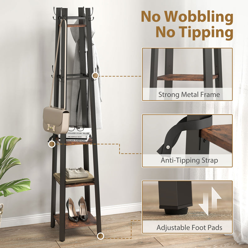 HOMCOM Industrial Coat Stand with 4 Storage Shelves and 8 Hooks