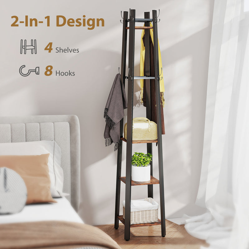 HOMCOM Industrial Coat Stand with 4 Storage Shelves and 8 Hooks