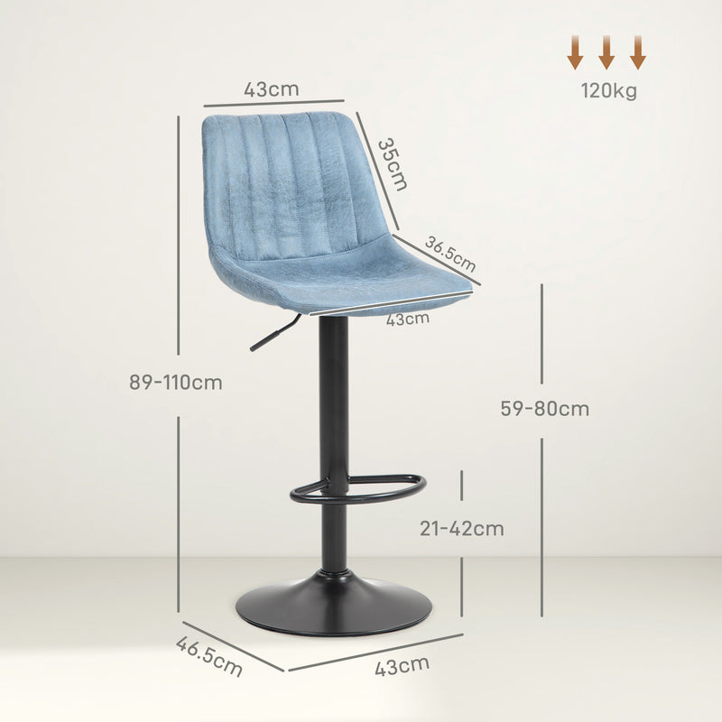HOMCOM Set Of 2 Microfibre Retro Tub Bar Stools Metal Frame Footrest Seat Green/Blue