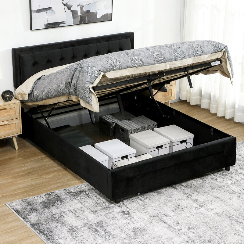 HOMCOM Double Bed Frame with Storage and Adjustable Velvet Headboard