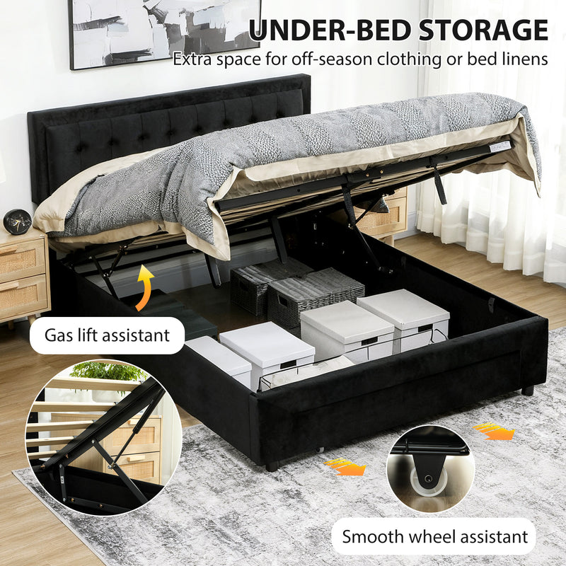 HOMCOM Double Bed Frame with Storage and Adjustable Velvet Headboard