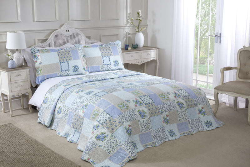 Cotswold - Quilted Patchwork Bedspread Set in Blue