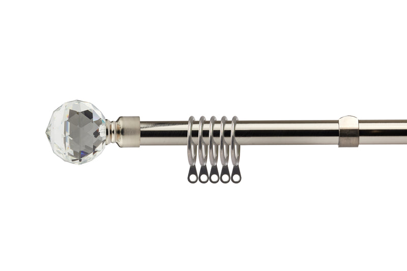 Crystal - Extendable Brushed Silver Curtain Pole with Rings and Pair of End Finials