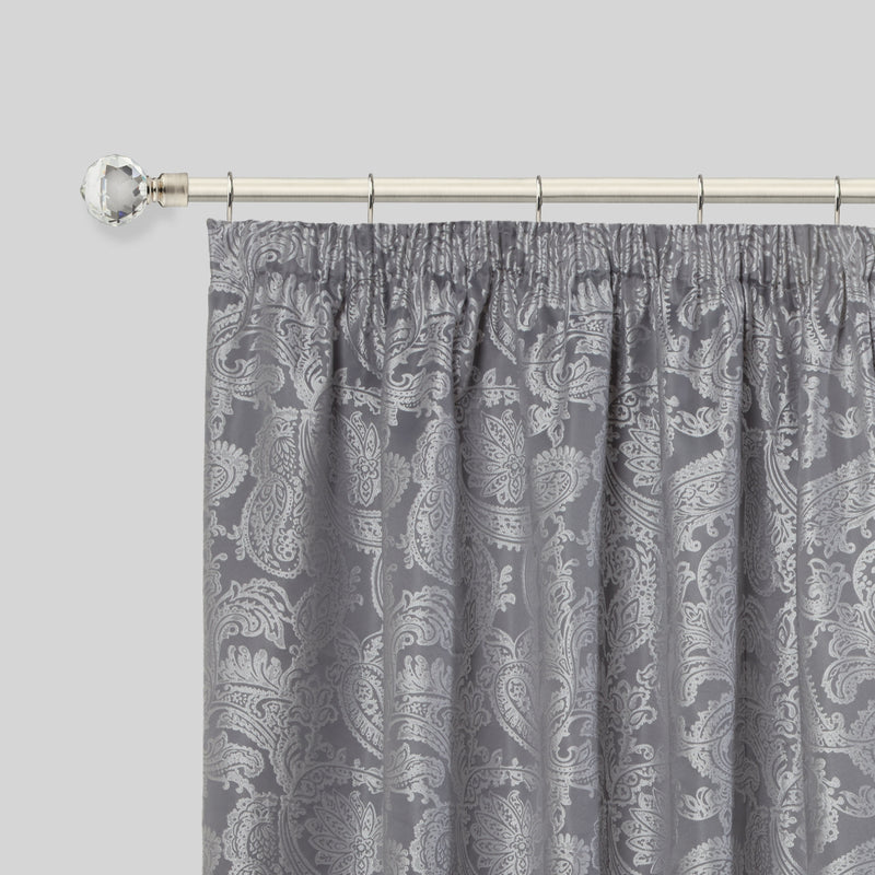Crystal - Extendable Brushed Silver Curtain Pole with Rings and Pair of End Finials