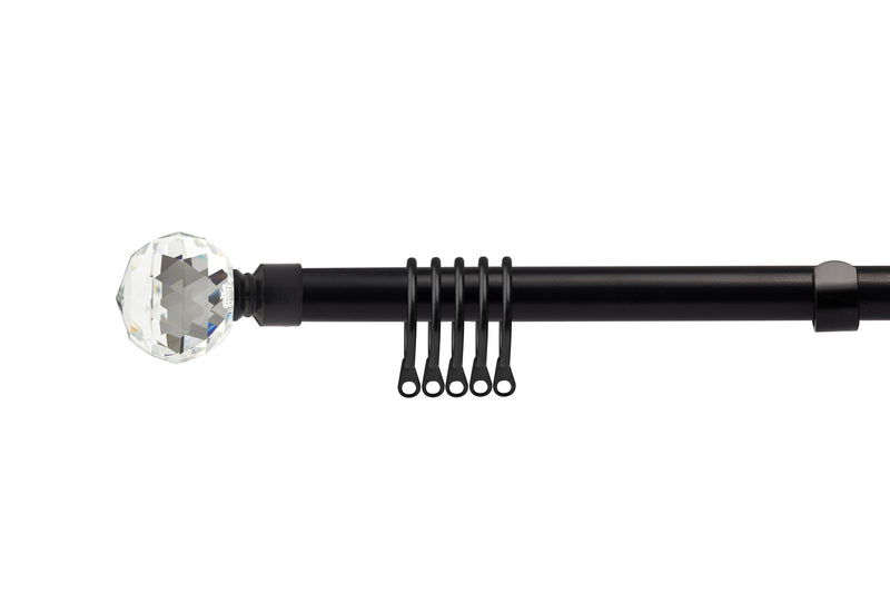 Crystal - Extendable Matt Black Curtain Pole with Rings and Pair of End Finials