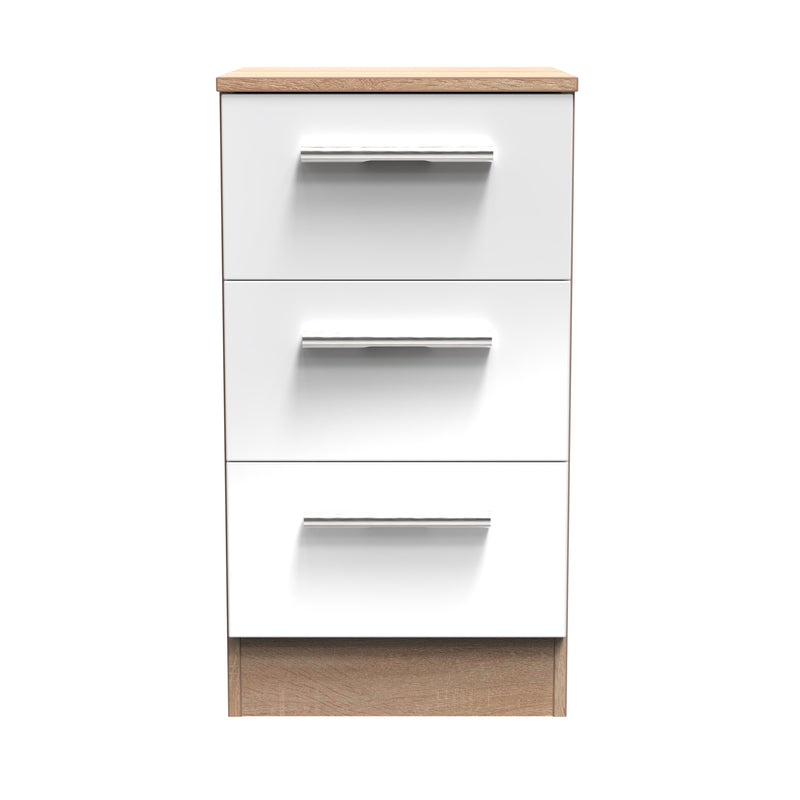 Copenhagen Ready Assembled Bedside Table with 3 Drawers  - White Gloss & Bardolino Oak