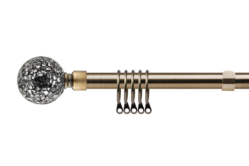 Cut Glass - Antique Brass Extendable Curtain Pole with Rings and Pair of End Finials