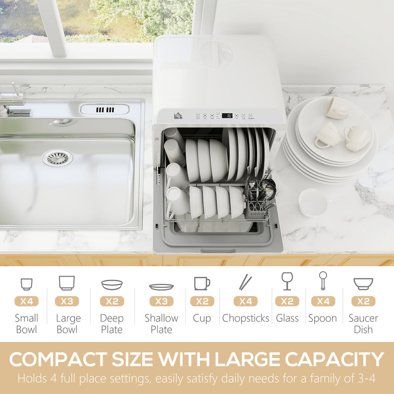 HOMCOM Worktop Dishwasher w/ 4 Place Settings 6 Programs, White