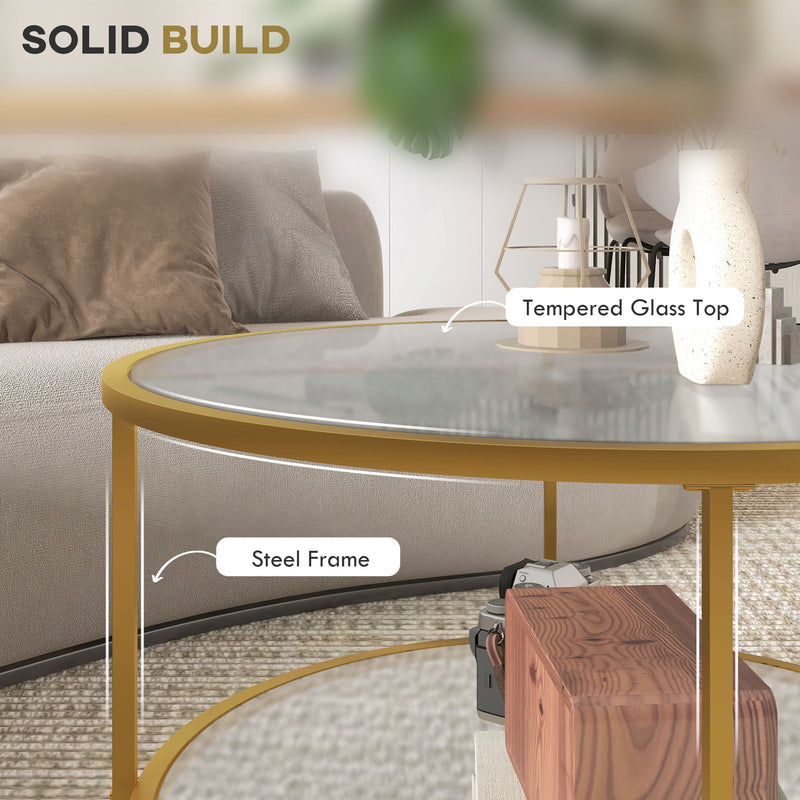 HOMCOM Round Coffee Table with Storage Shelf and Tempered Glass Top, Gold Tone