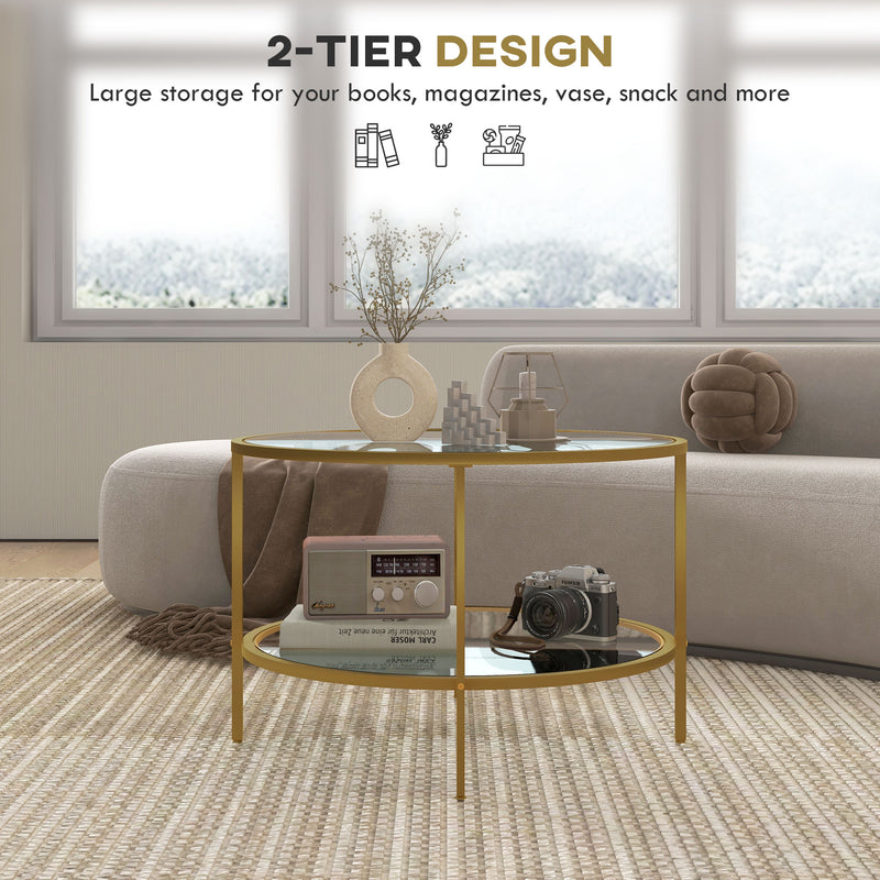 HOMCOM Round Coffee Table with Storage Shelf and Tempered Glass Top, Gold Tone
