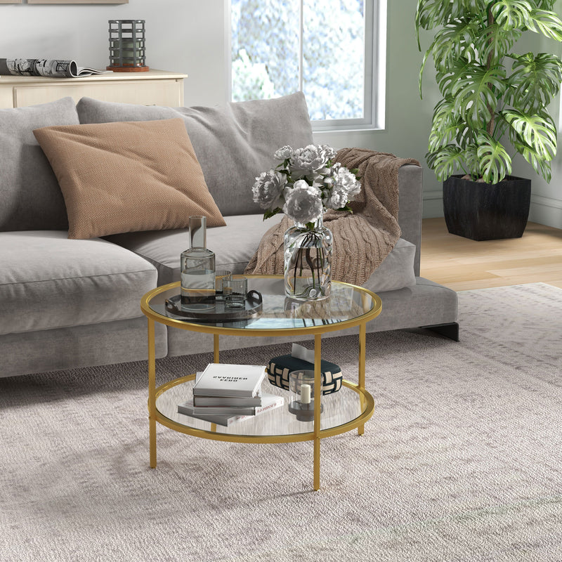 HOMCOM Round Coffee Table with Storage Shelf and Tempered Glass Top, Gold Tone