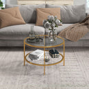 HOMCOM Round Coffee Table with Storage Shelf and Tempered Glass Top, Gold Tone