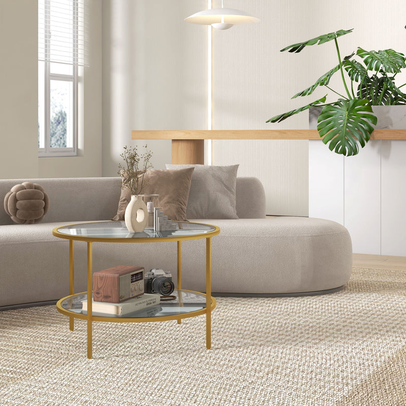 HOMCOM Round Coffee Table with Storage Shelf and Tempered Glass Top, Gold Tone