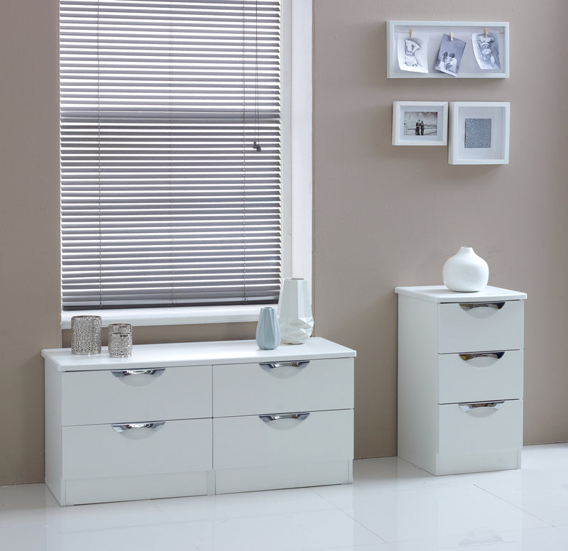 Cairo Ready Assembled Bedside Table with 3 Drawers  - White Gloss & White