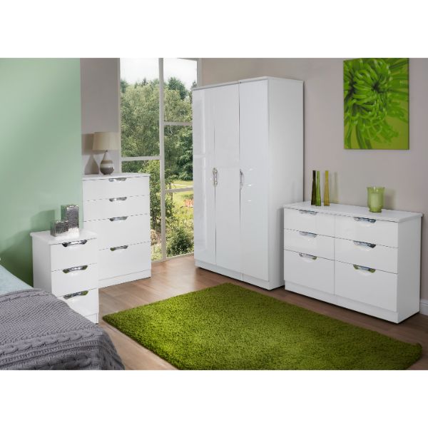 Cairo Ready Assembled Deep Chest of Drawers with 3 Drawers  - White Gloss & White