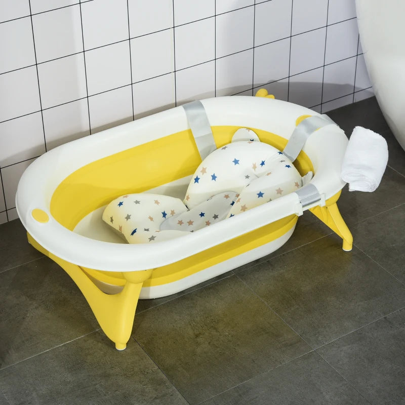 HOMCOM Baby Bath Tub Collapsible with Cushion - Yellow