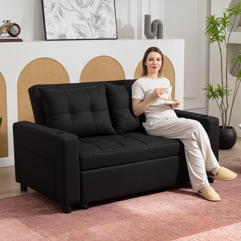 HOMCOM 2 Seater Pull Out Sofa Bed with Pockets for Living Room Black