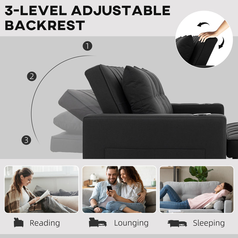 HOMCOM 2 Seater Pull Out Sofa Bed with Pockets for Living Room Black