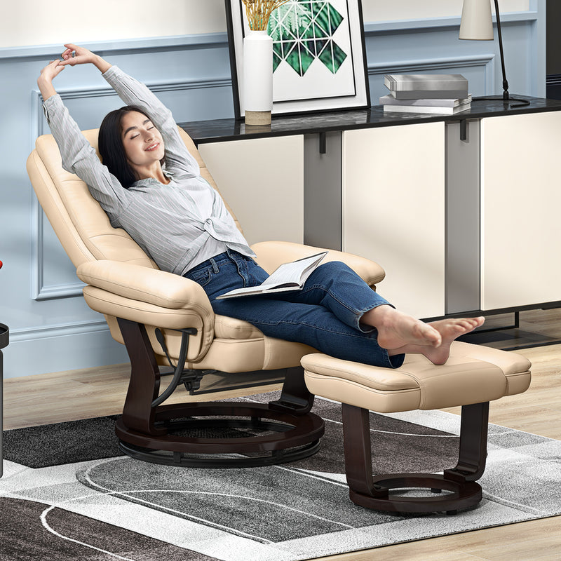 HOMCOM Swivel Manual Recliner and Footrest Set PU Leather Lounge Chair Beige