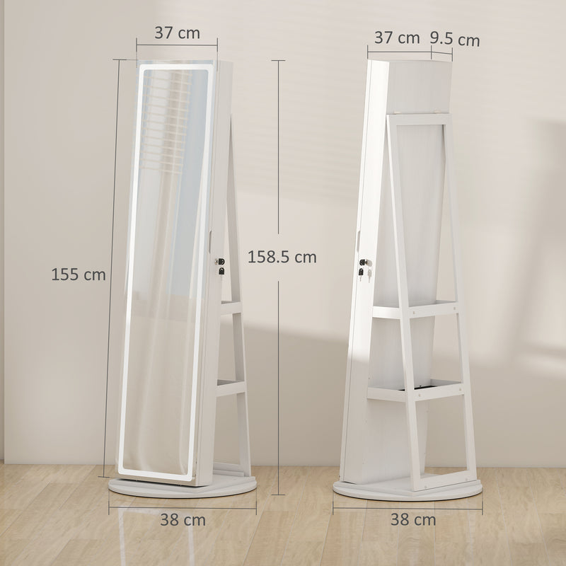 HOMCOM 360Â° Swivel Jewellery Cabinet, Full Length Mirror with Storage, White