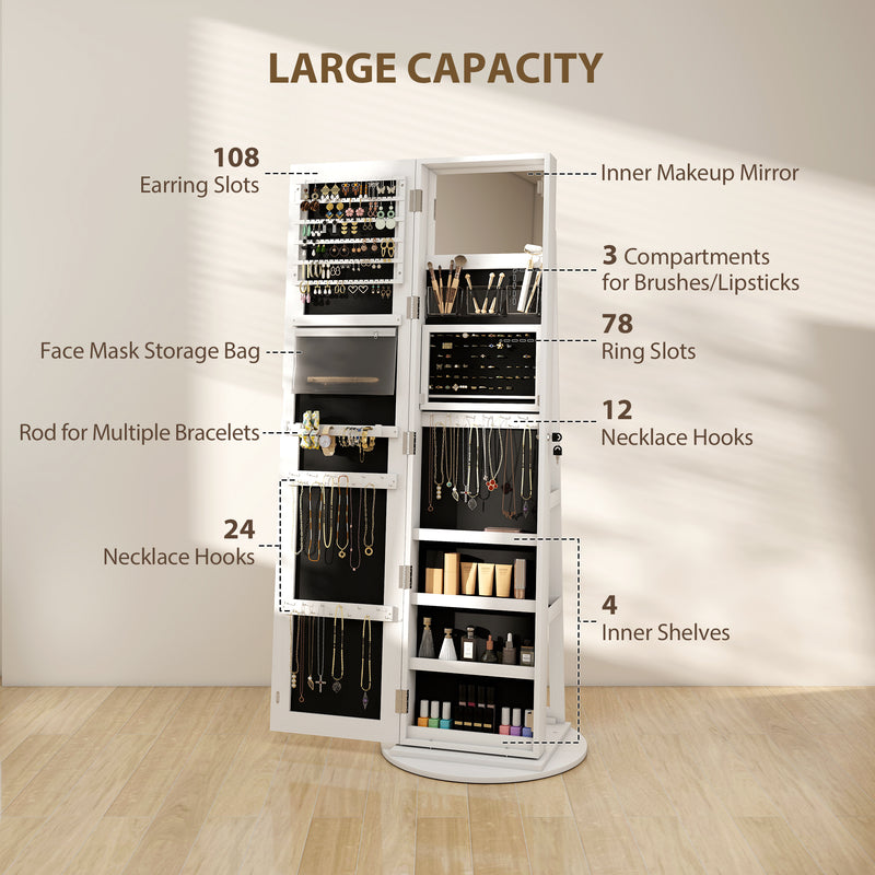 HOMCOM 360Â° Swivel Jewellery Cabinet, Full Length Mirror with Storage, White