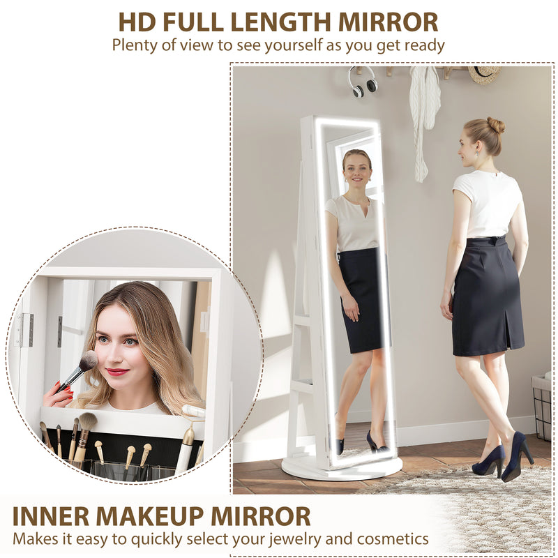 HOMCOM 360Â° Swivel Jewellery Cabinet, Full Length Mirror with Storage, White