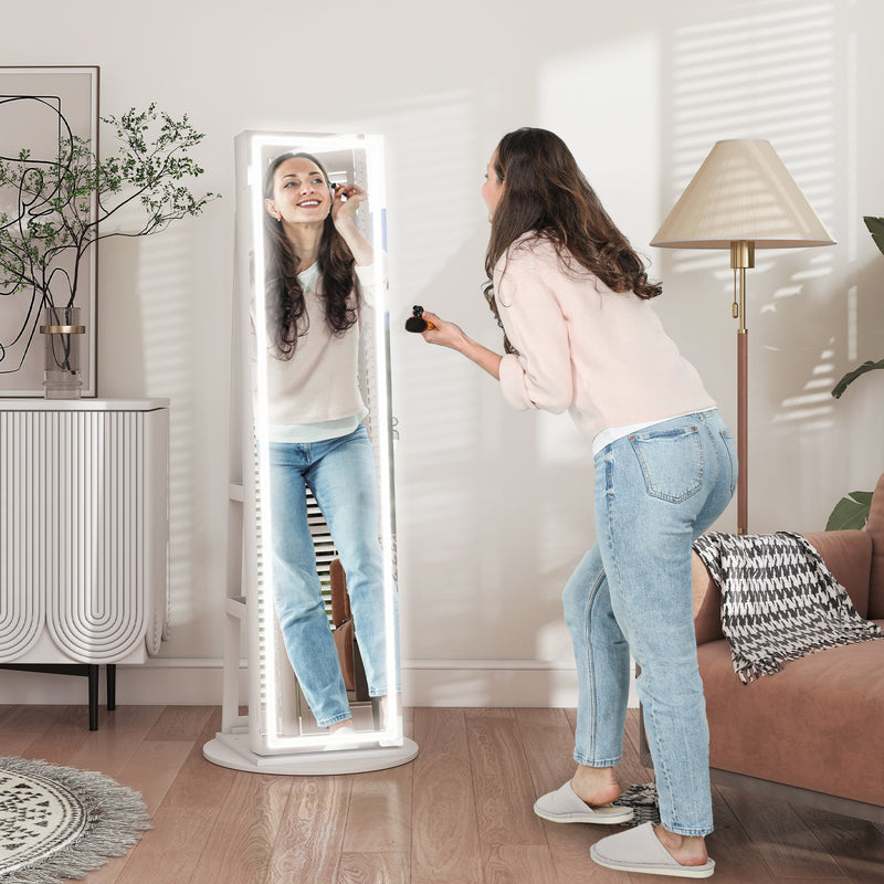 HOMCOM 360Â° Swivel Jewellery Cabinet, Full Length Mirror with Storage, White