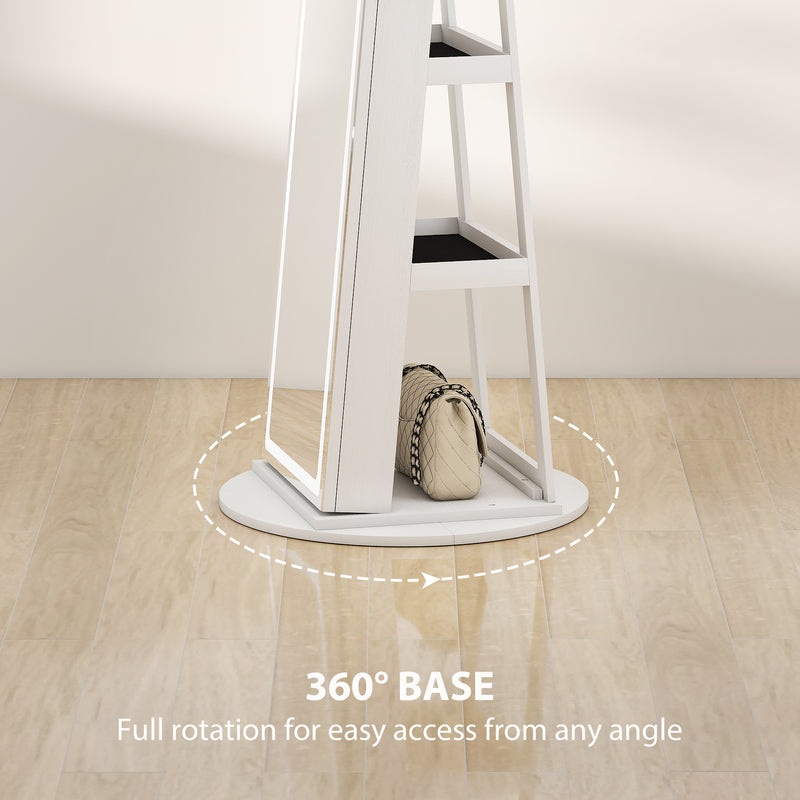 HOMCOM 360Â° Swivel Jewellery Cabinet, Full Length Mirror with Storage, White