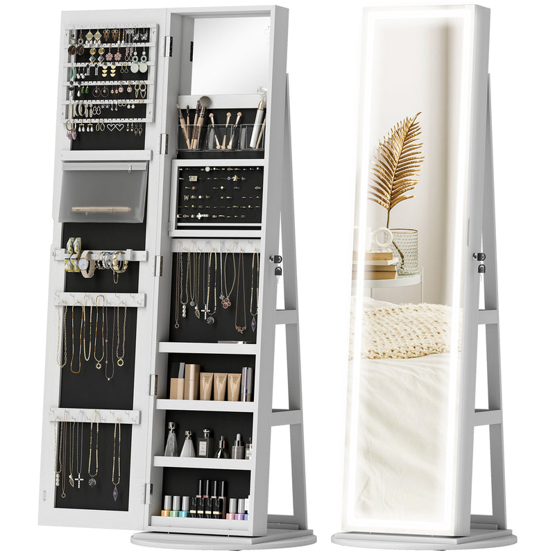 HOMCOM 360Â° Swivel Jewellery Cabinet, Full Length Mirror with Storage, White
