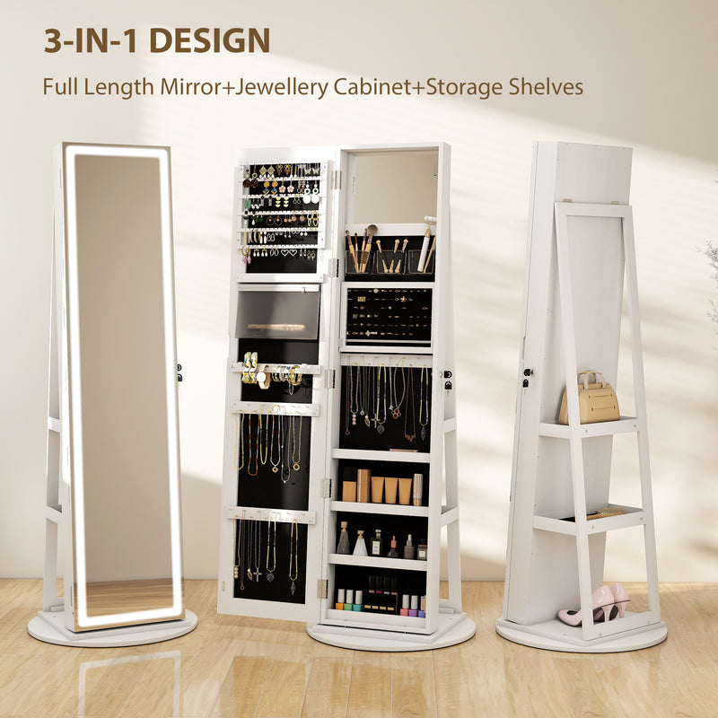 HOMCOM 360Â° Swivel Jewellery Cabinet, Full Length Mirror with Storage, White